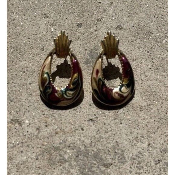 Vintage Enamel Door Crown Knocker Pierced Earrings 80’s Multicolor Made in USA - Picture 5 of 11